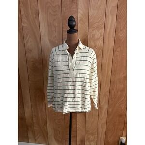 Madewell Womens XS Rugby Stripe Sweatshirt Cream Green Polo Collar Pullover